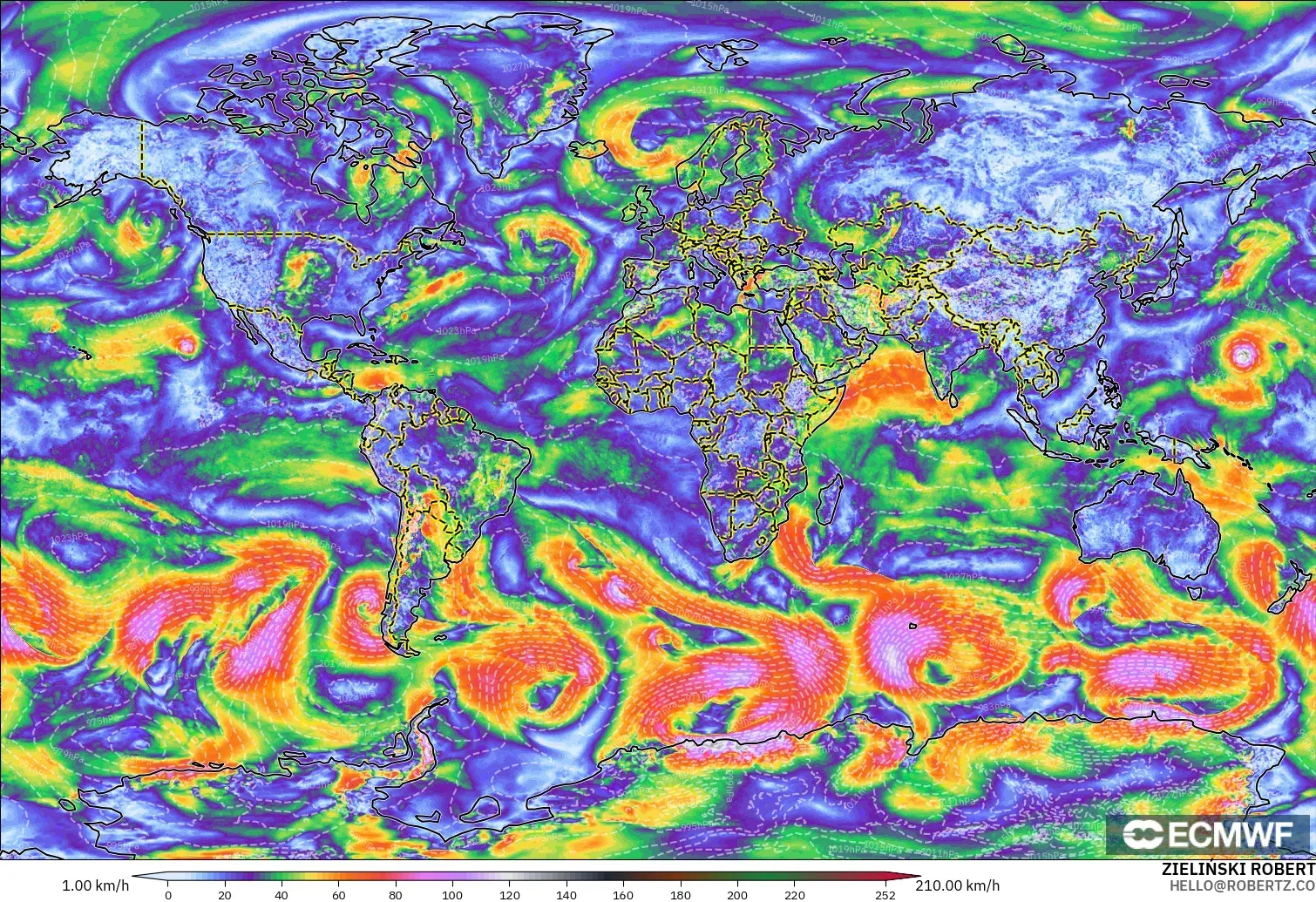 ECMWF IFS 0.25° model - Dünya, Rüzgâr Esintileri