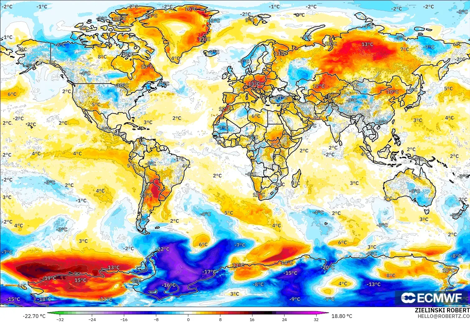 ECMWF IFS 0.25° model - Dünya, 2 m Sıcaklık Anomalisi