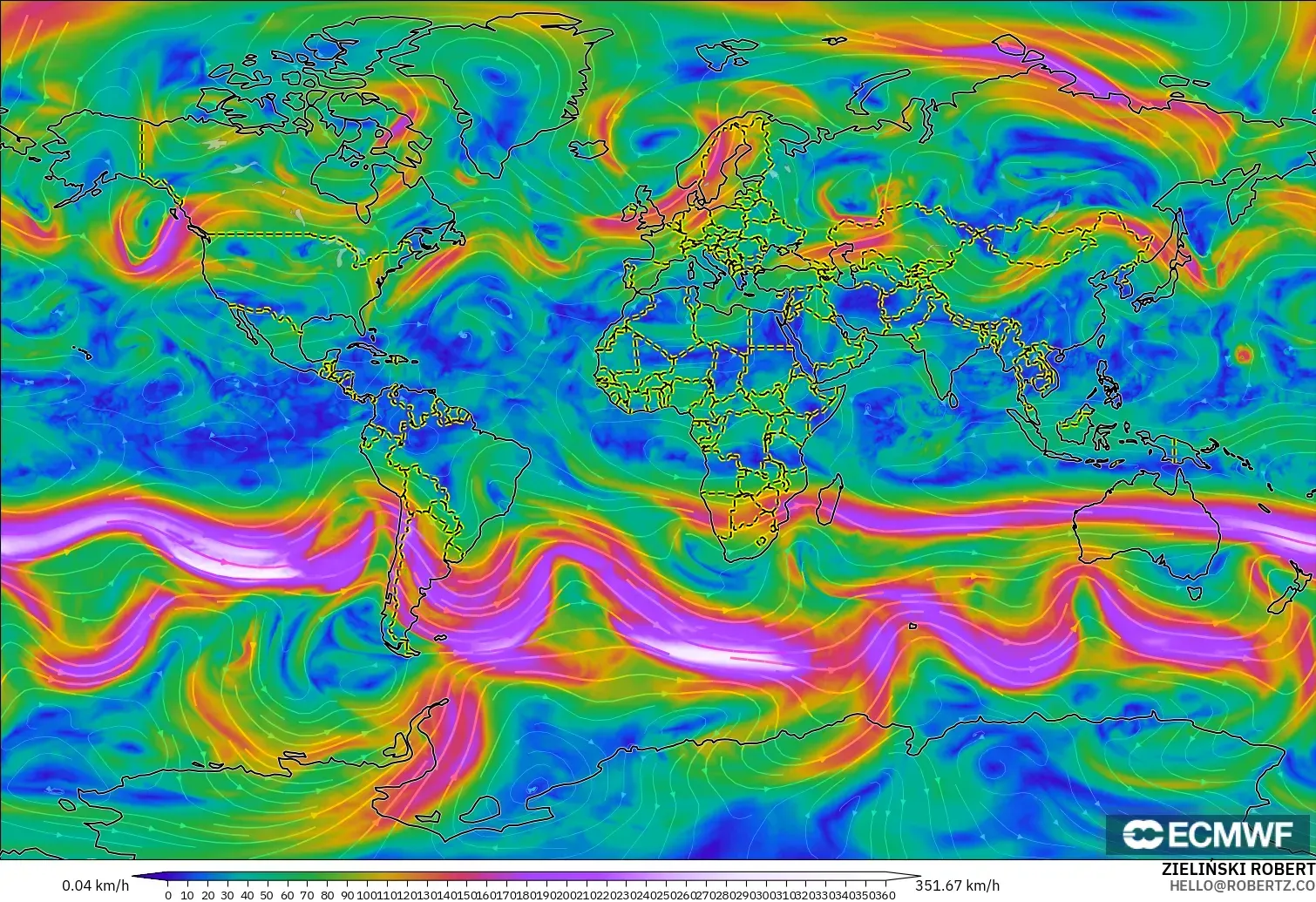 ECMWF IFS 0.25° model - Dünya, 300 hPa Rüzgârı (jet)