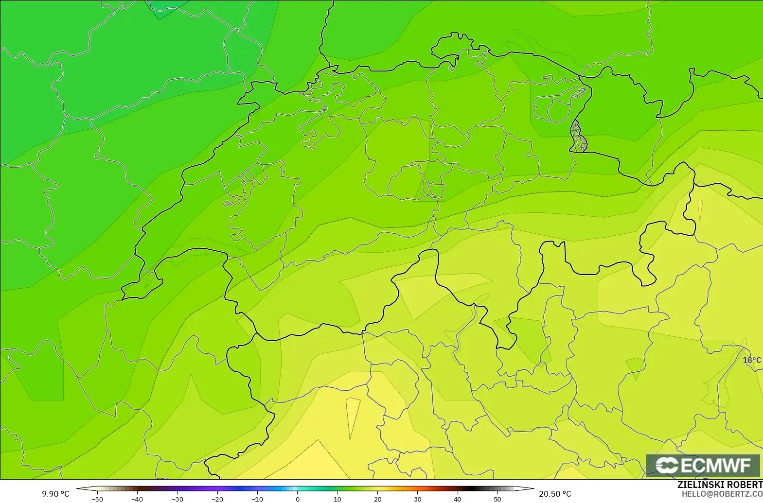 ECMWF IFS 0.25° model - İsviçre, 850 hPa Sıcaklık