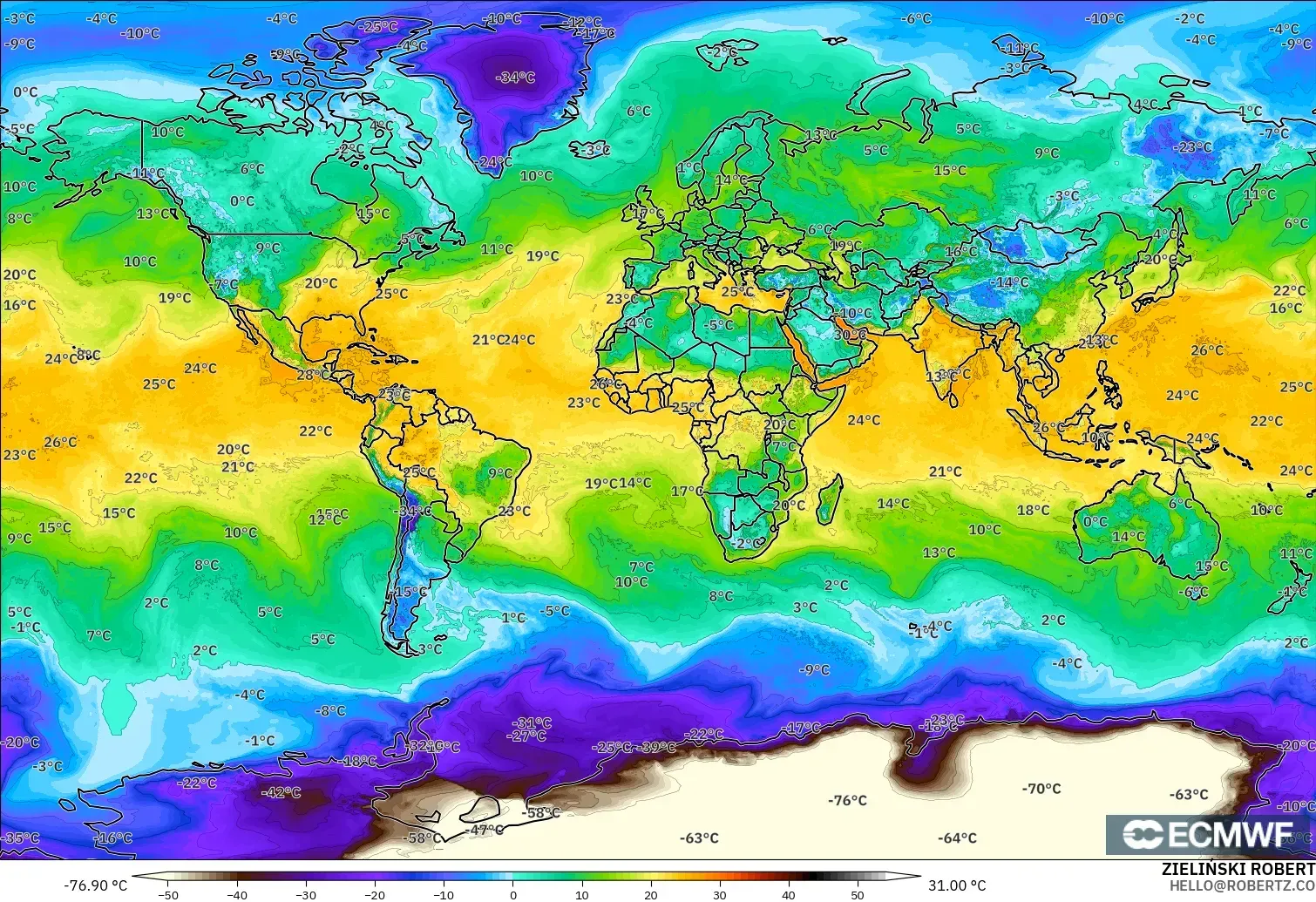 ECMWF IFS 0.25° model - Dünya, 2 m Çiy Noktası