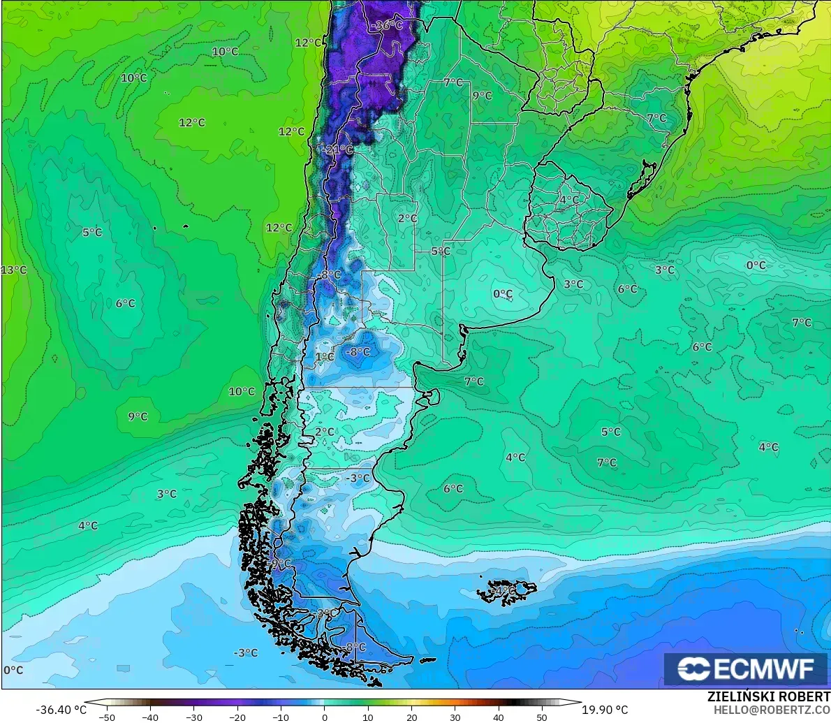 ECMWF IFS 0.25° model - Arjantin, 2 m Çiy Noktası