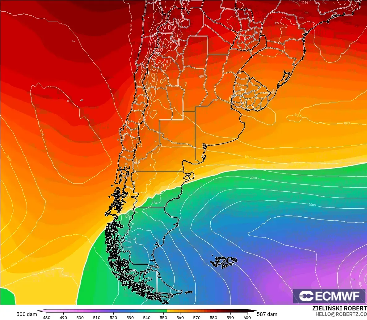 ECMWF IFS 0.25° model - Arjantin, 500 hPa’da jeopotansiyel yükseklik