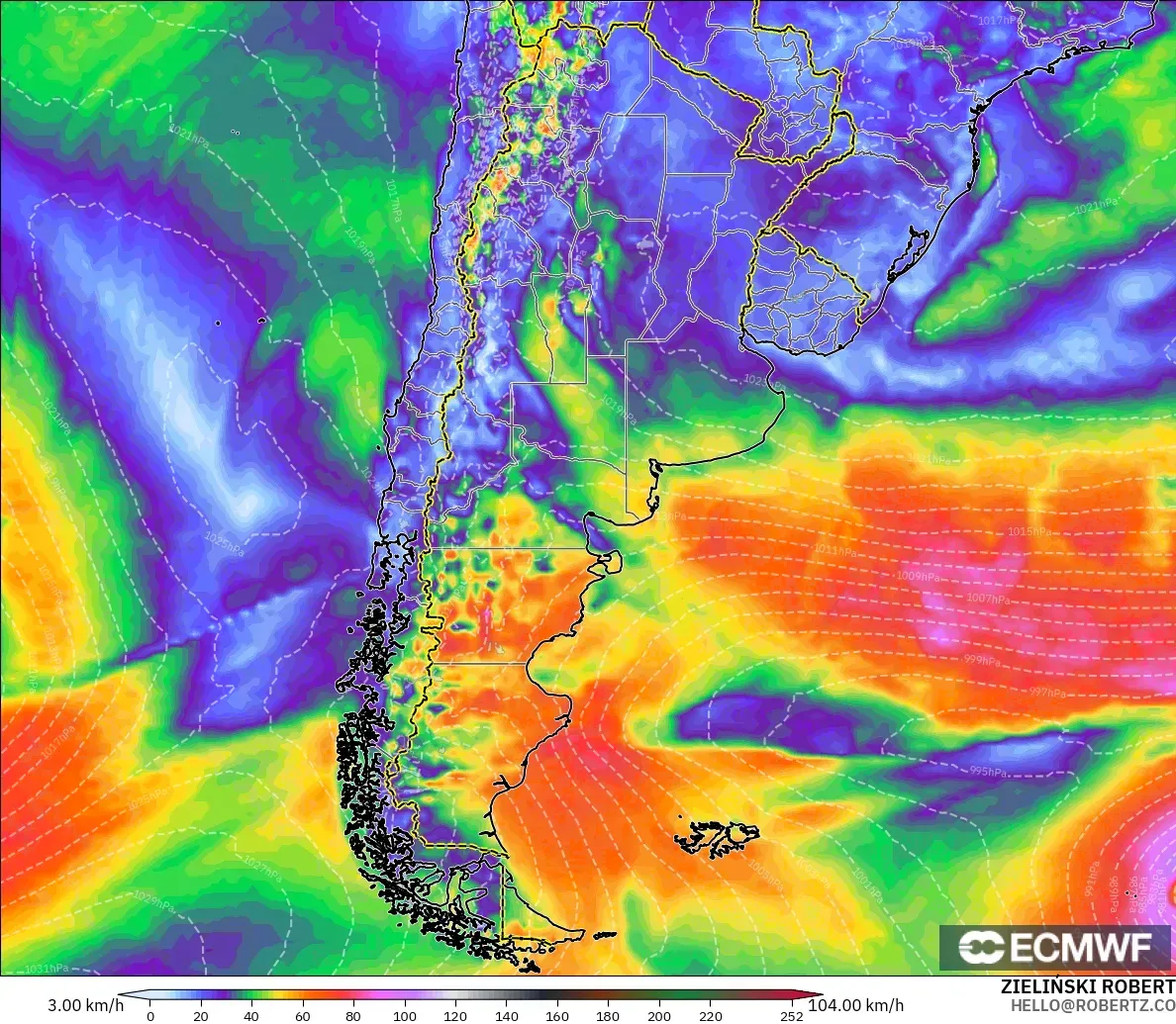 ECMWF IFS 0.25° model - Arjantin, Rüzgâr Esintileri