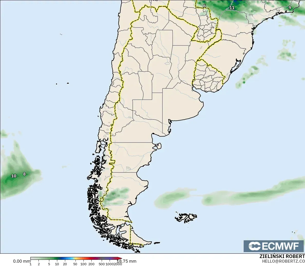 ECMWF IFS 0.25° model - Arjantin, Yağış Birikimi