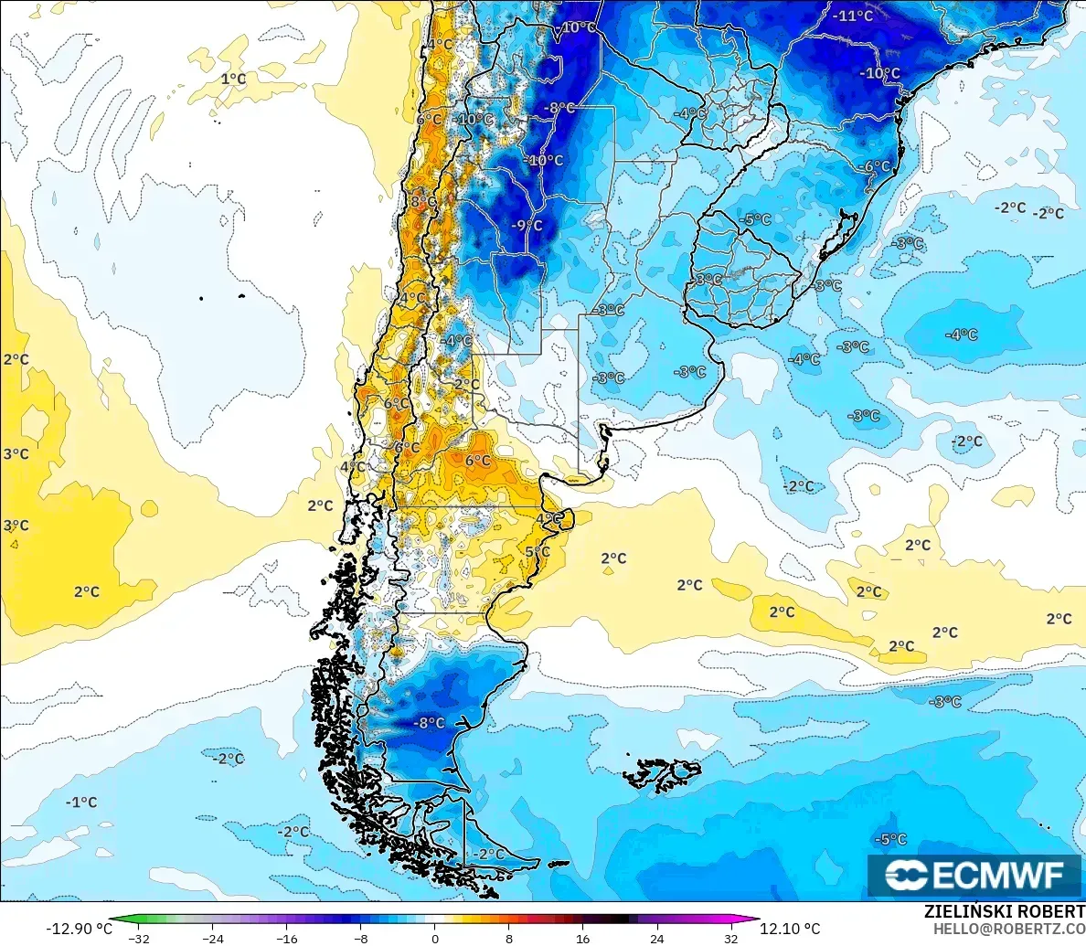ECMWF IFS 0.25° model - Arjantin, 2 m Sıcaklık Anomalisi