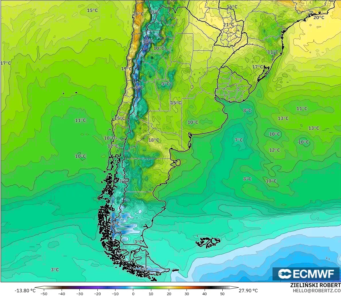 ECMWF IFS 0.25° model - Arjantin, 2 m Sıcaklık