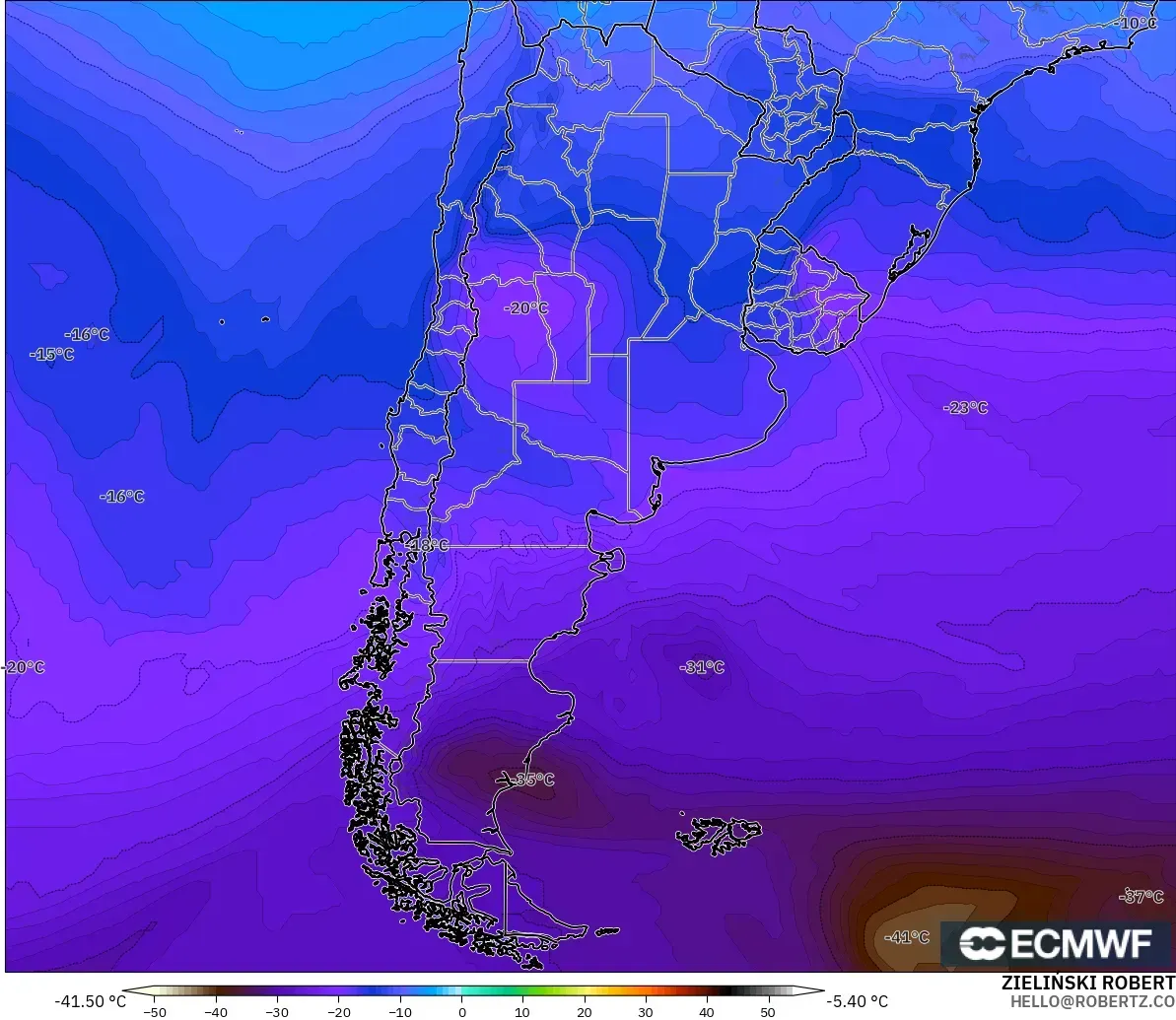ECMWF IFS 0.25° model - Arjantin, 500 hPa Sıcaklık