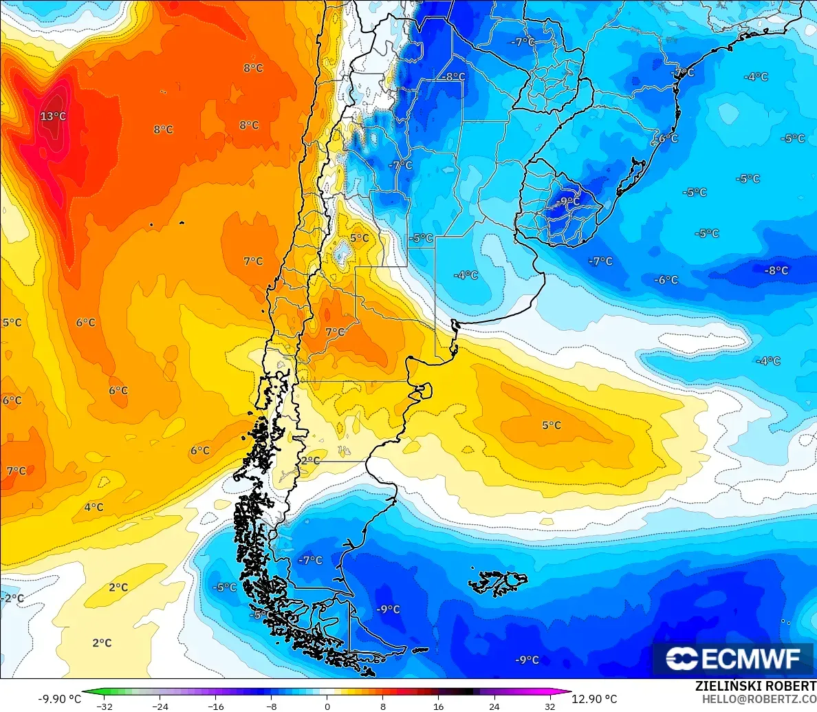 ECMWF IFS 0.25° model - Arjantin, 850 hPa Sıcaklık Anomalisi