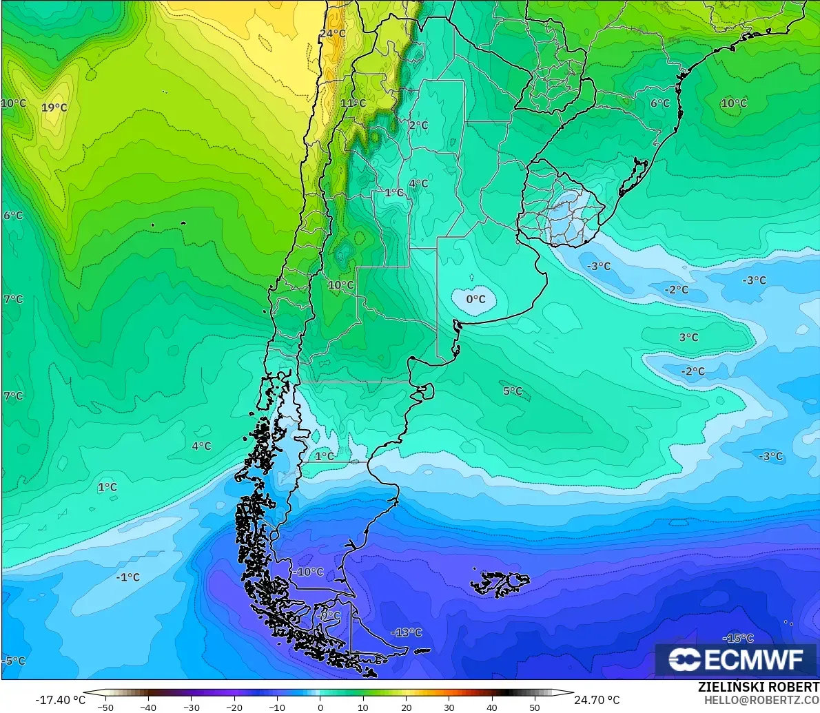 ECMWF IFS 0.25° model - Arjantin, 850 hPa Sıcaklık