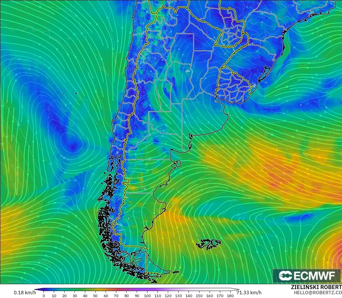 ECMWF IFS 0.25° model - Arjantin, 10 m Rüzgâr