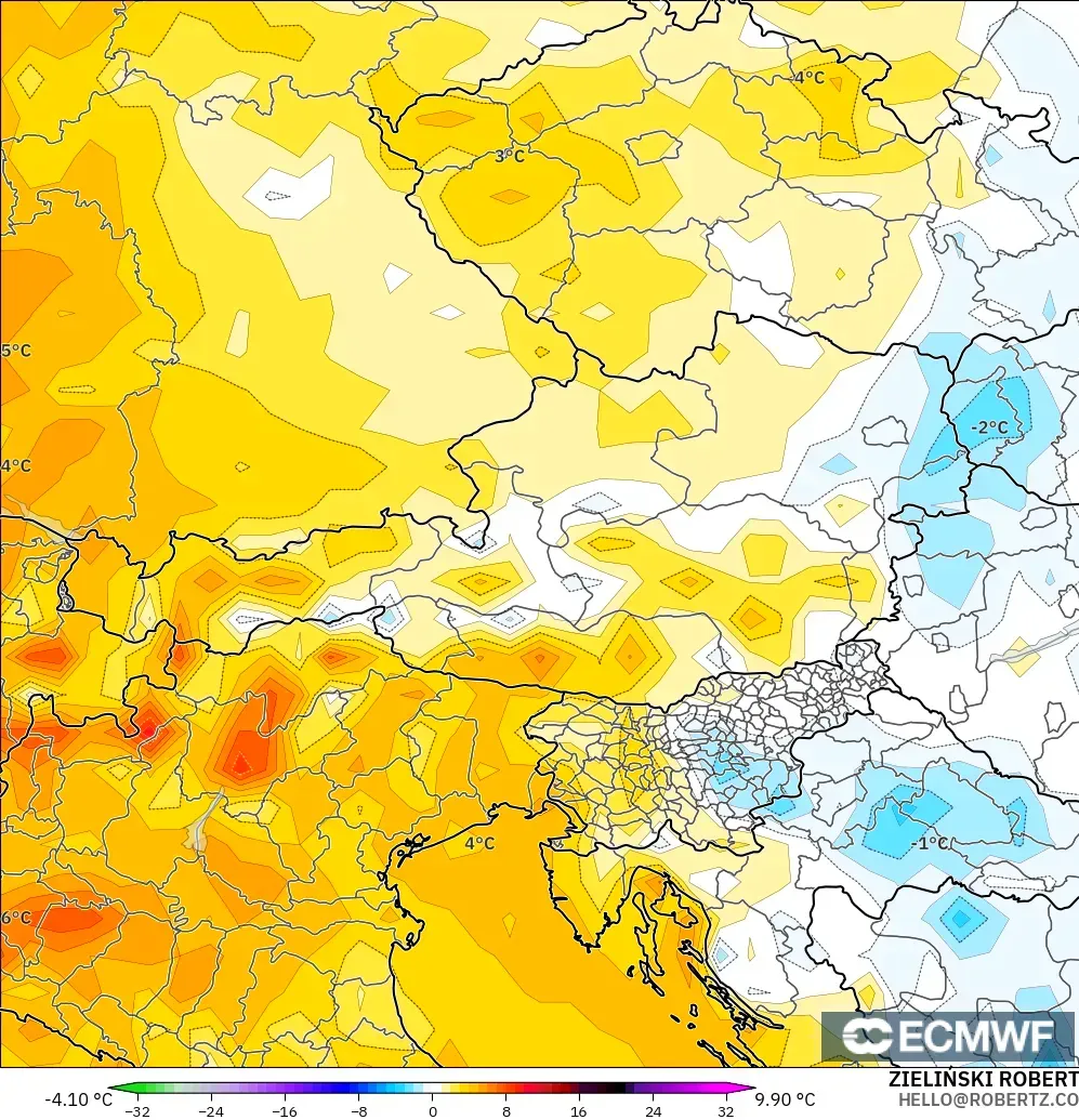 ECMWF IFS 0.25° model - Avusturya, 2 m Sıcaklık Anomalisi
