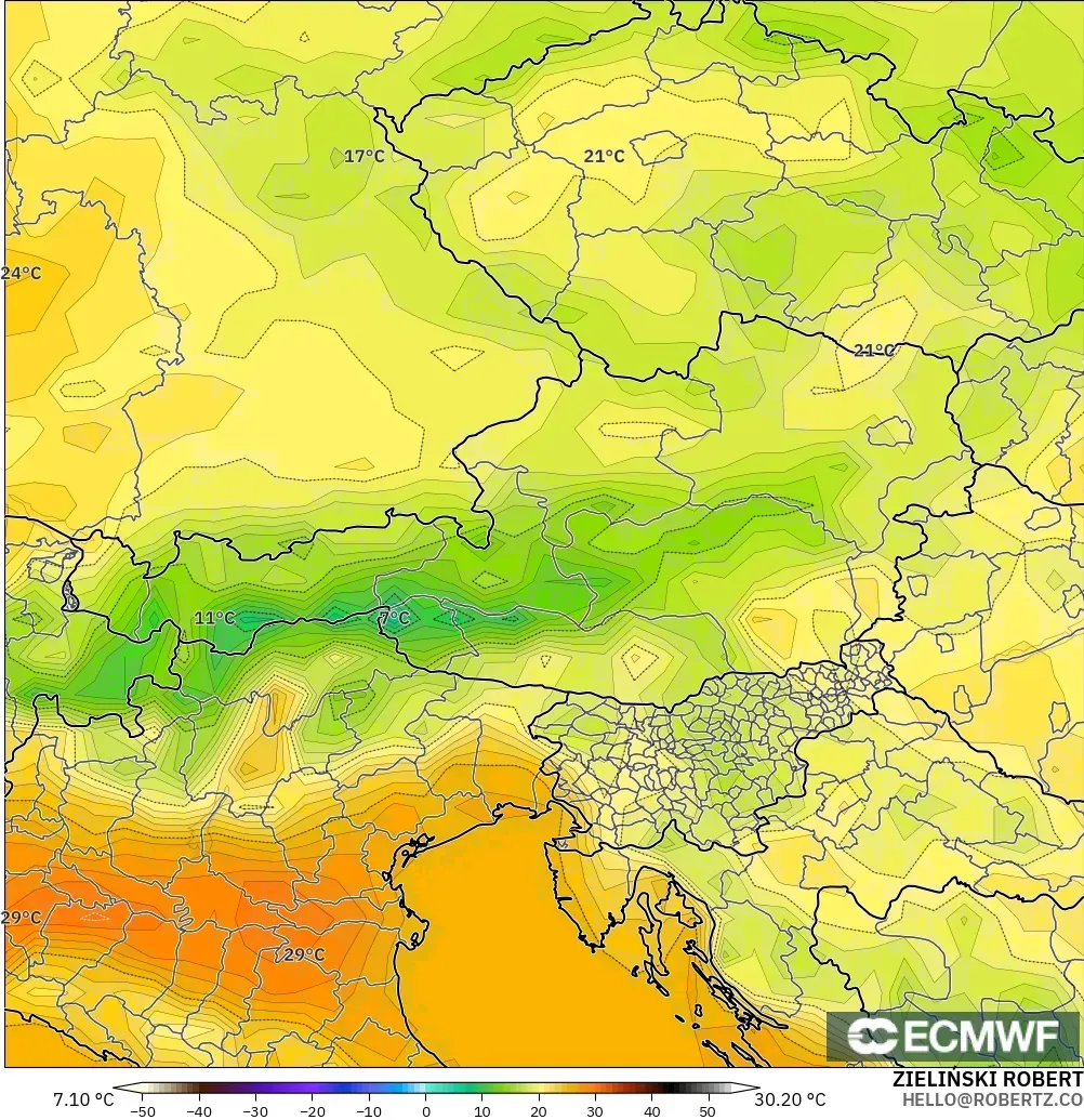 ECMWF IFS 0.25° model - Avusturya, 2 m Sıcaklık