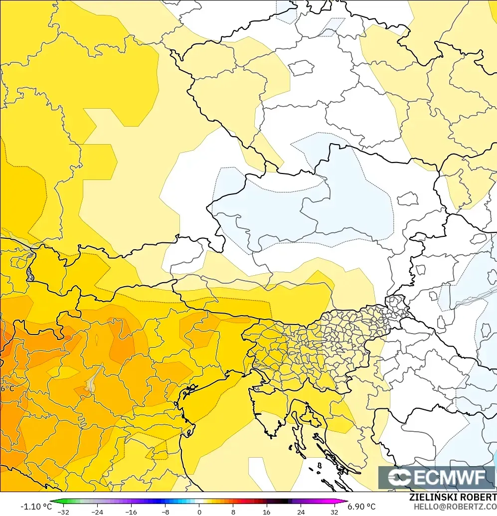 ECMWF IFS 0.25° model - Avusturya, 850 hPa Sıcaklık Anomalisi