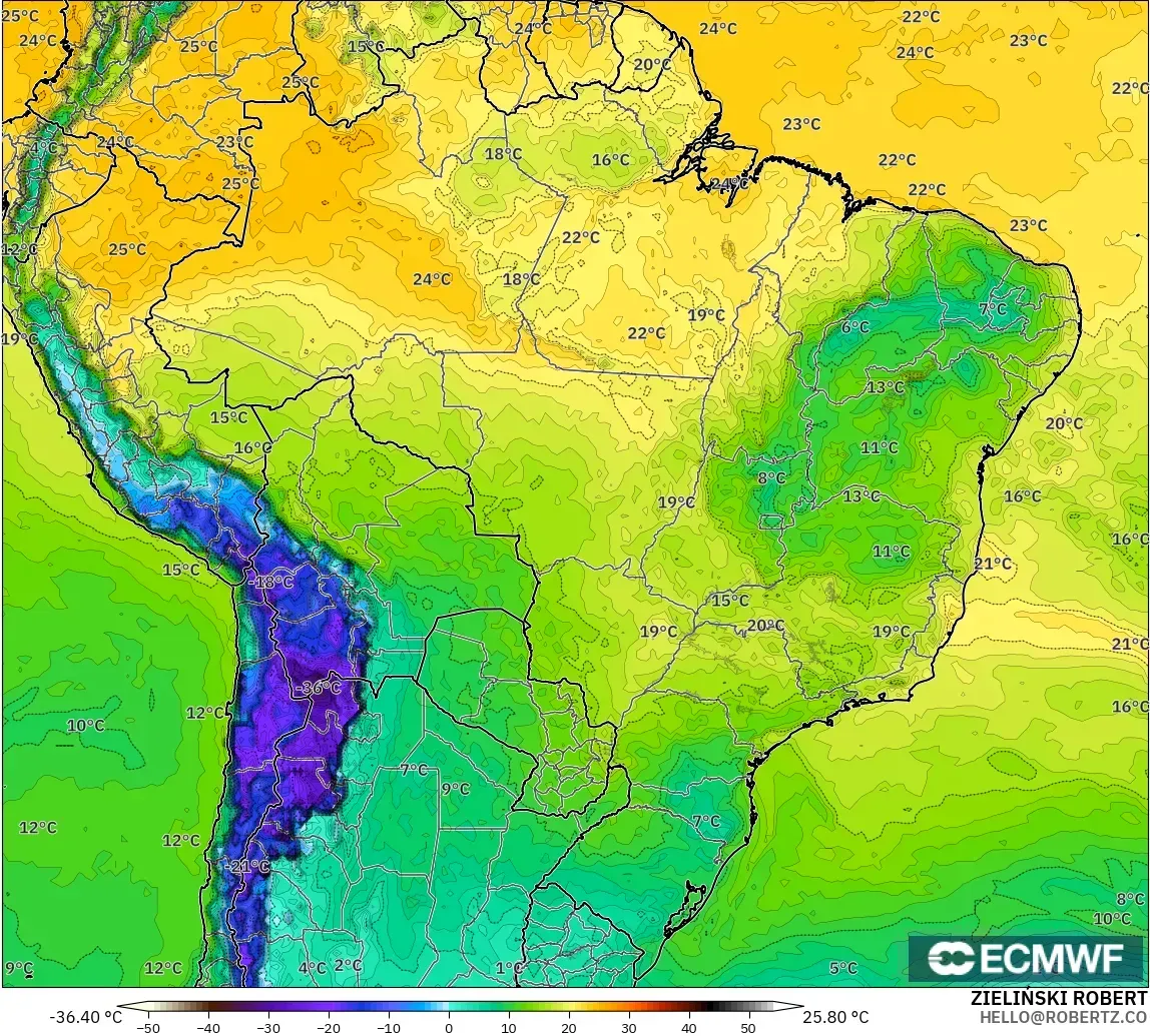ECMWF IFS 0.25° model - Brezilya, 2 m Çiy Noktası