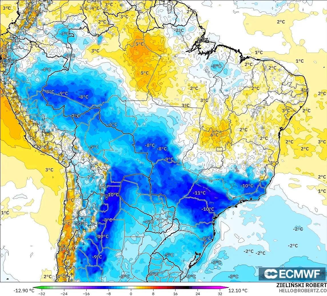 ECMWF IFS 0.25° model - Brezilya, 2 m Sıcaklık Anomalisi