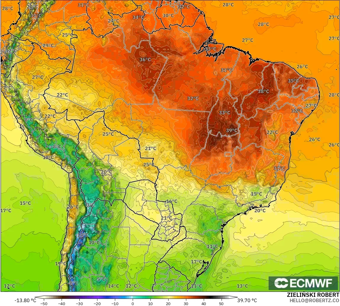 ECMWF IFS 0.25° model - Brezilya, 2 m Sıcaklık