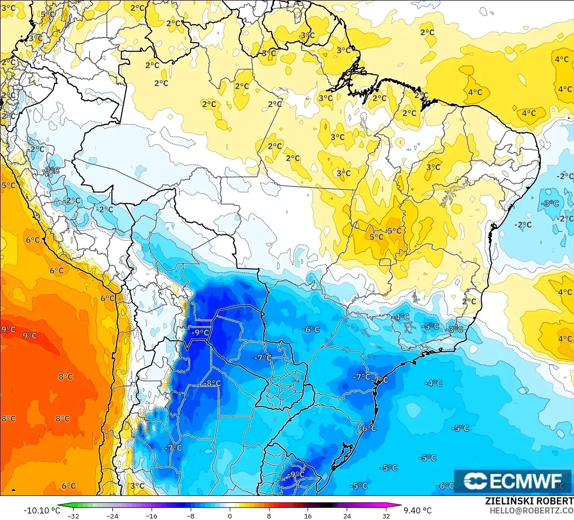 ECMWF IFS 0.25° model - Brezilya, 850 hPa Sıcaklık Anomalisi