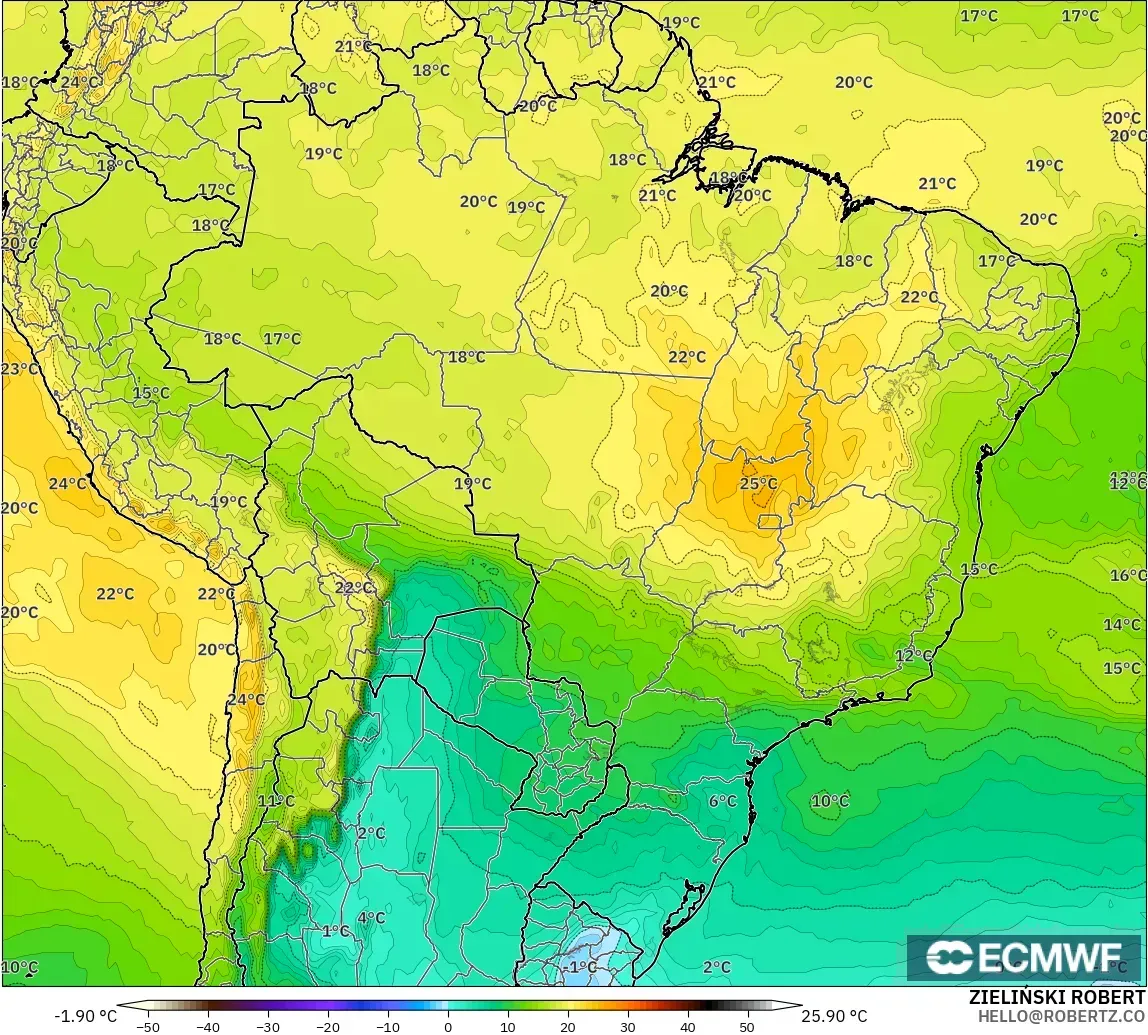 ECMWF IFS 0.25° model - Brezilya, 850 hPa Sıcaklık