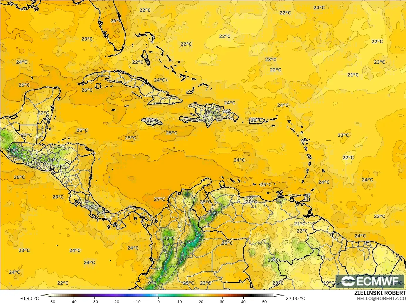 ECMWF IFS 0.25° model - Karayipler, 2 m Çiy Noktası