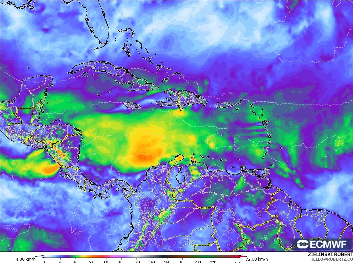 ECMWF IFS 0.25° model - Karayipler, En Yüksek Rüzgâr