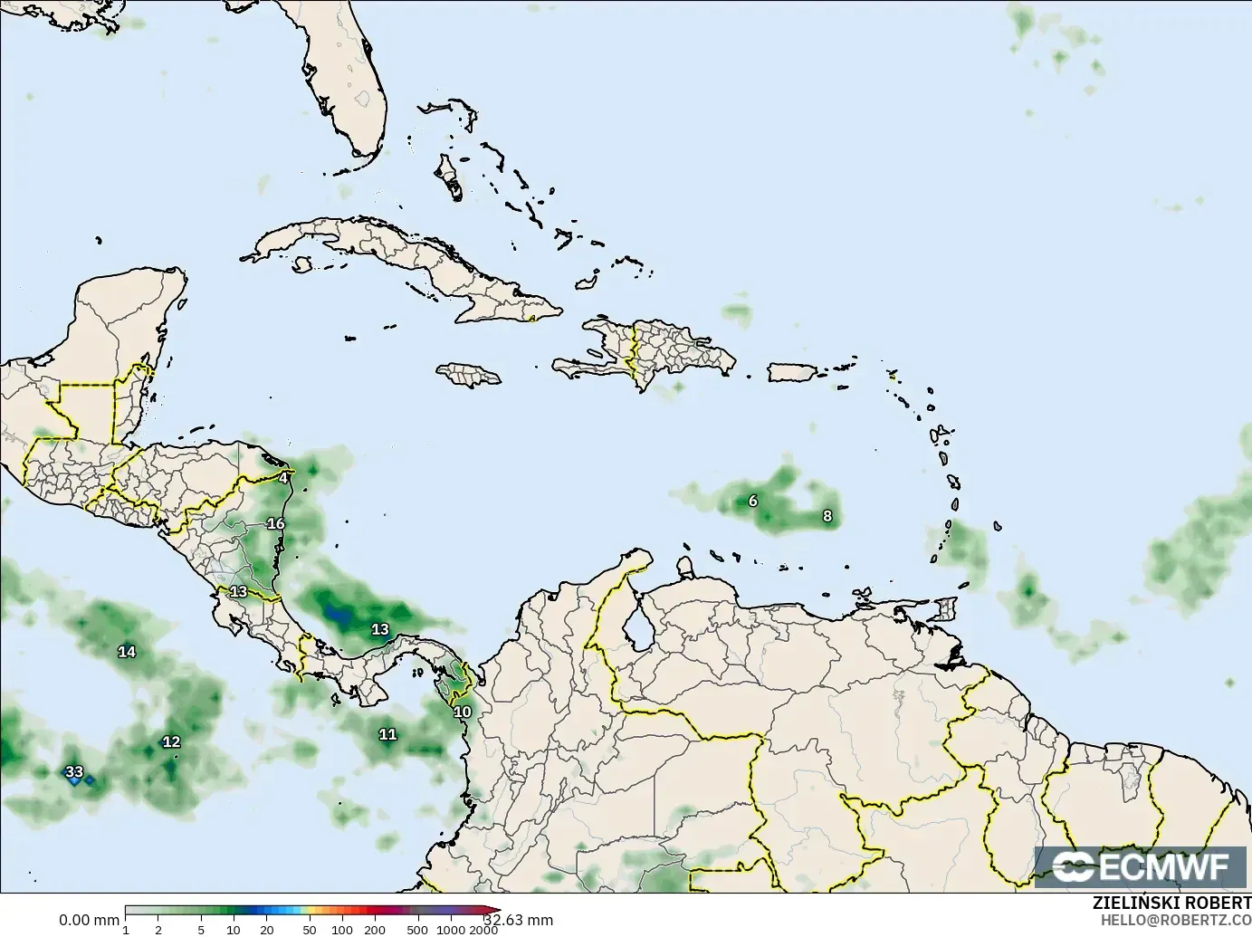ECMWF IFS 0.25° model - Karayipler, Yağış Birikimi
