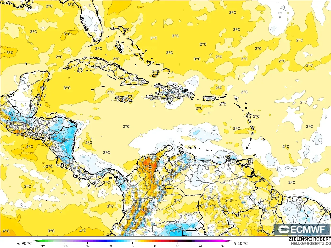 ECMWF IFS 0.25° model - Karayipler, 2 m Sıcaklık Anomalisi