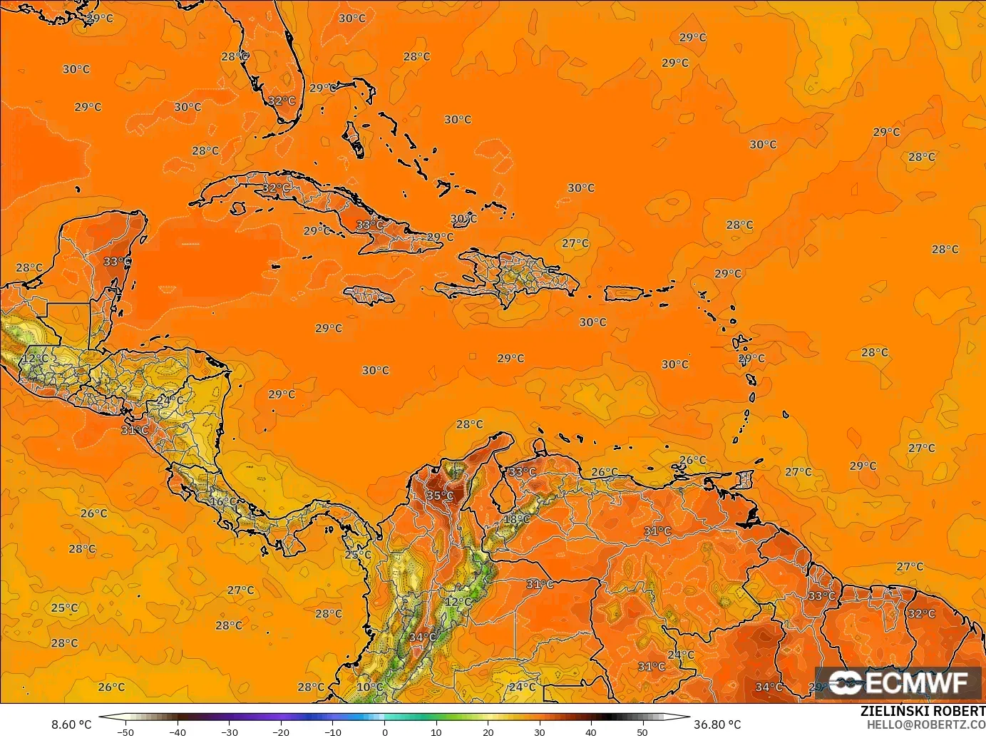 ECMWF IFS 0.25° model - Karayipler, 2 m Sıcaklık