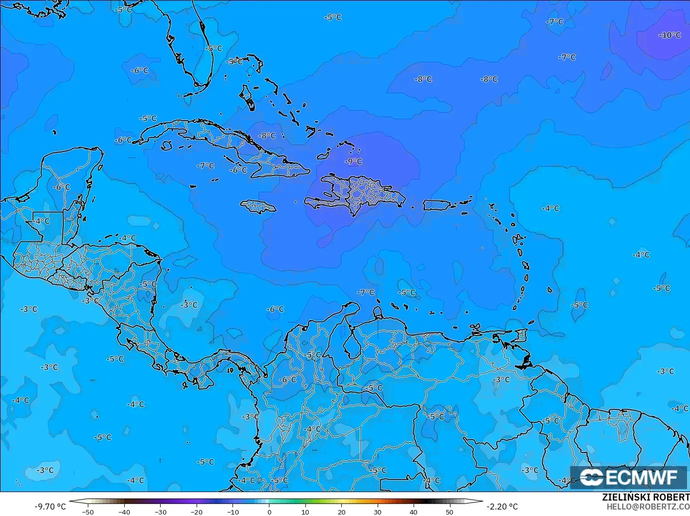 ECMWF IFS 0.25° model - Karayipler, 500 hPa Sıcaklık