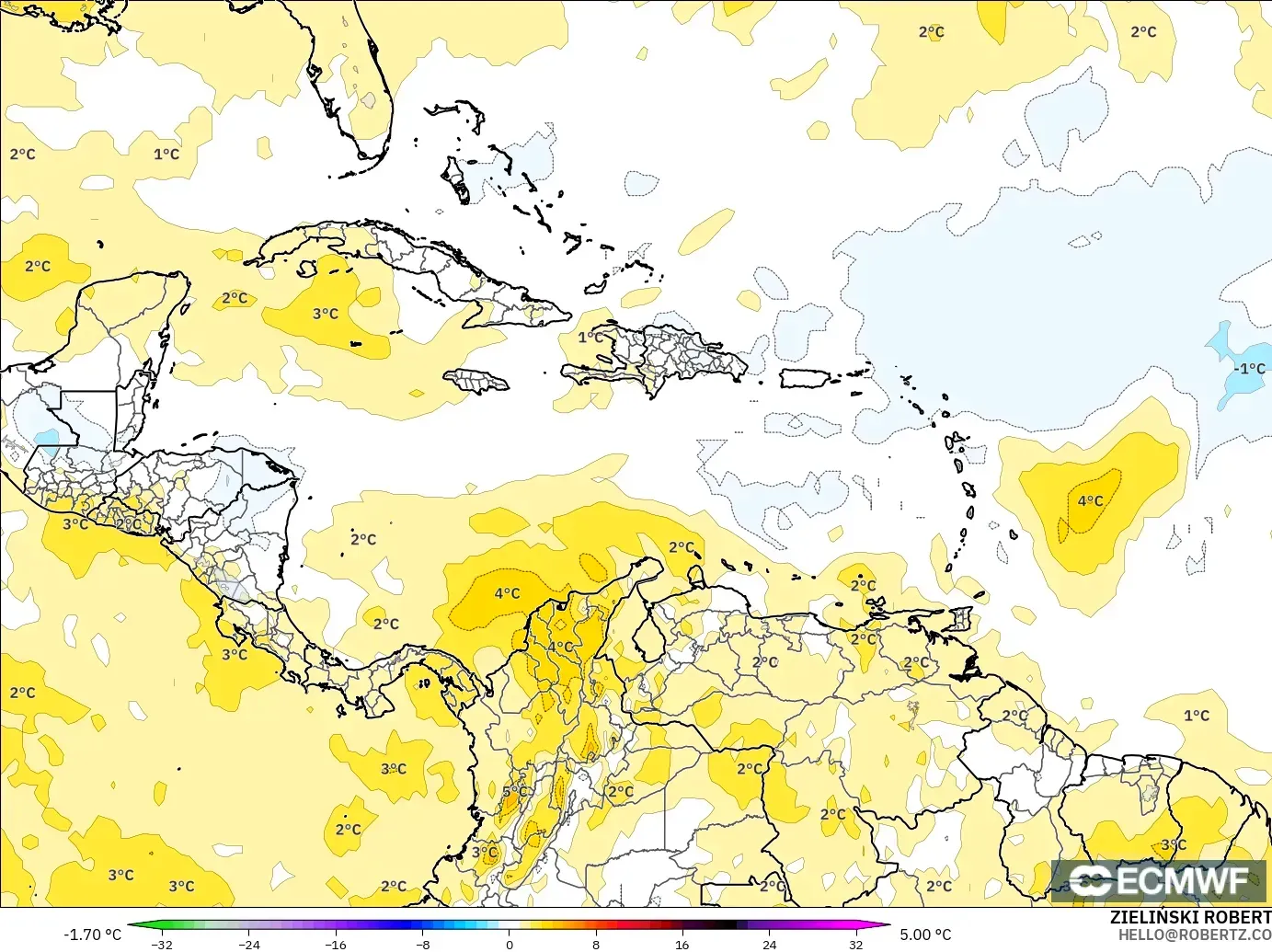 ECMWF IFS 0.25° model - Karayipler, 850 hPa Sıcaklık Anomalisi