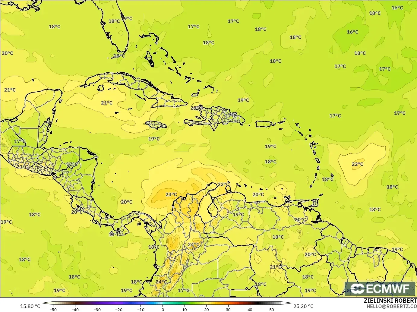 ECMWF IFS 0.25° model - Karayipler, 850 hPa Sıcaklık
