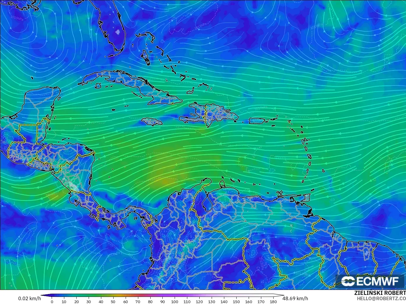 ECMWF IFS 0.25° model - Karayipler, 10 m Rüzgâr