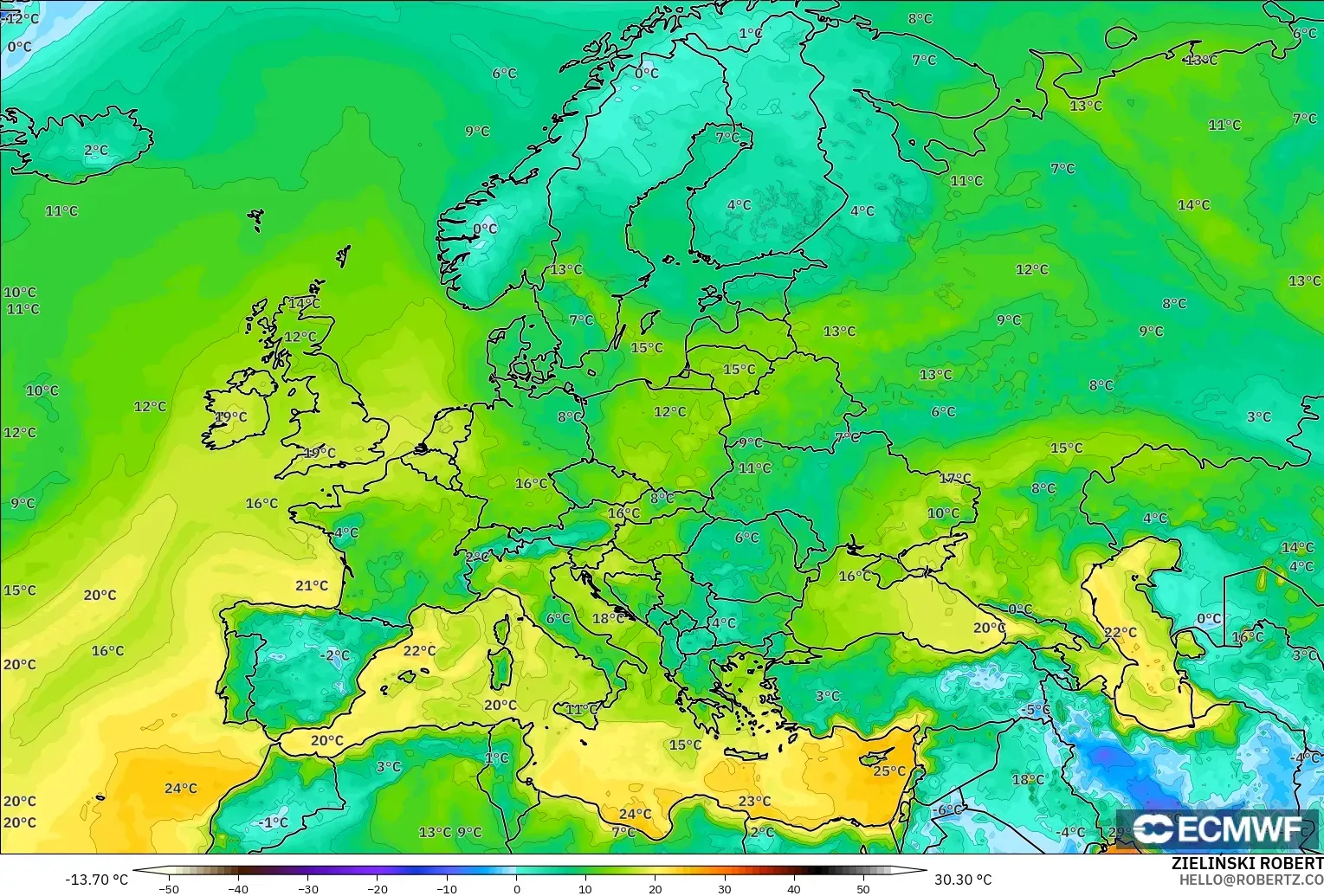 ECMWF IFS 0.25° model - Avrupa, 2 m Çiy Noktası