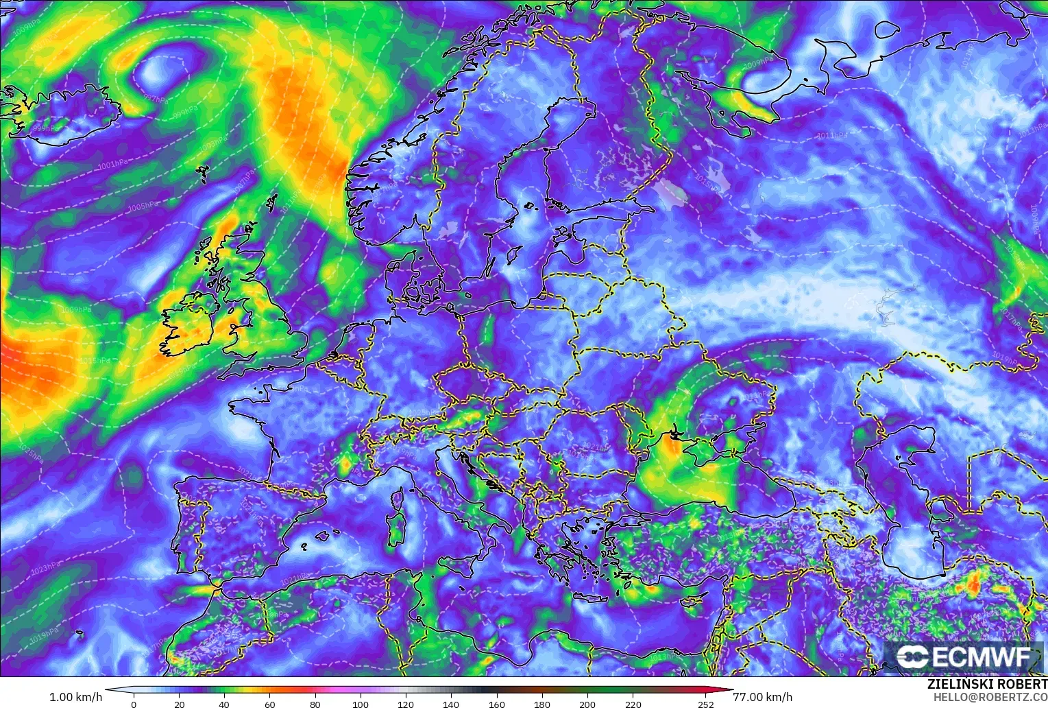 ECMWF IFS 0.25° model - Avrupa, En Yüksek Rüzgâr