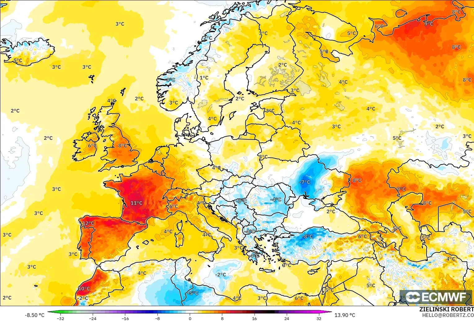 ECMWF IFS 0.25° model - Avrupa, 2 m Sıcaklık Anomalisi