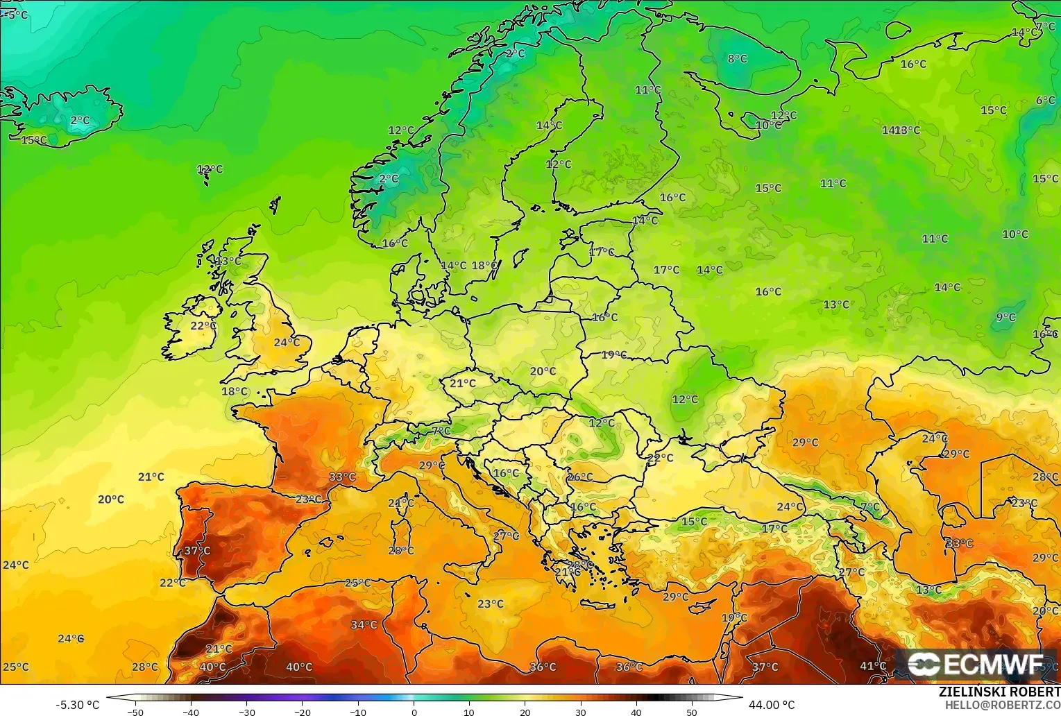 ECMWF IFS 0.25° model - Avrupa, 2 m Sıcaklık