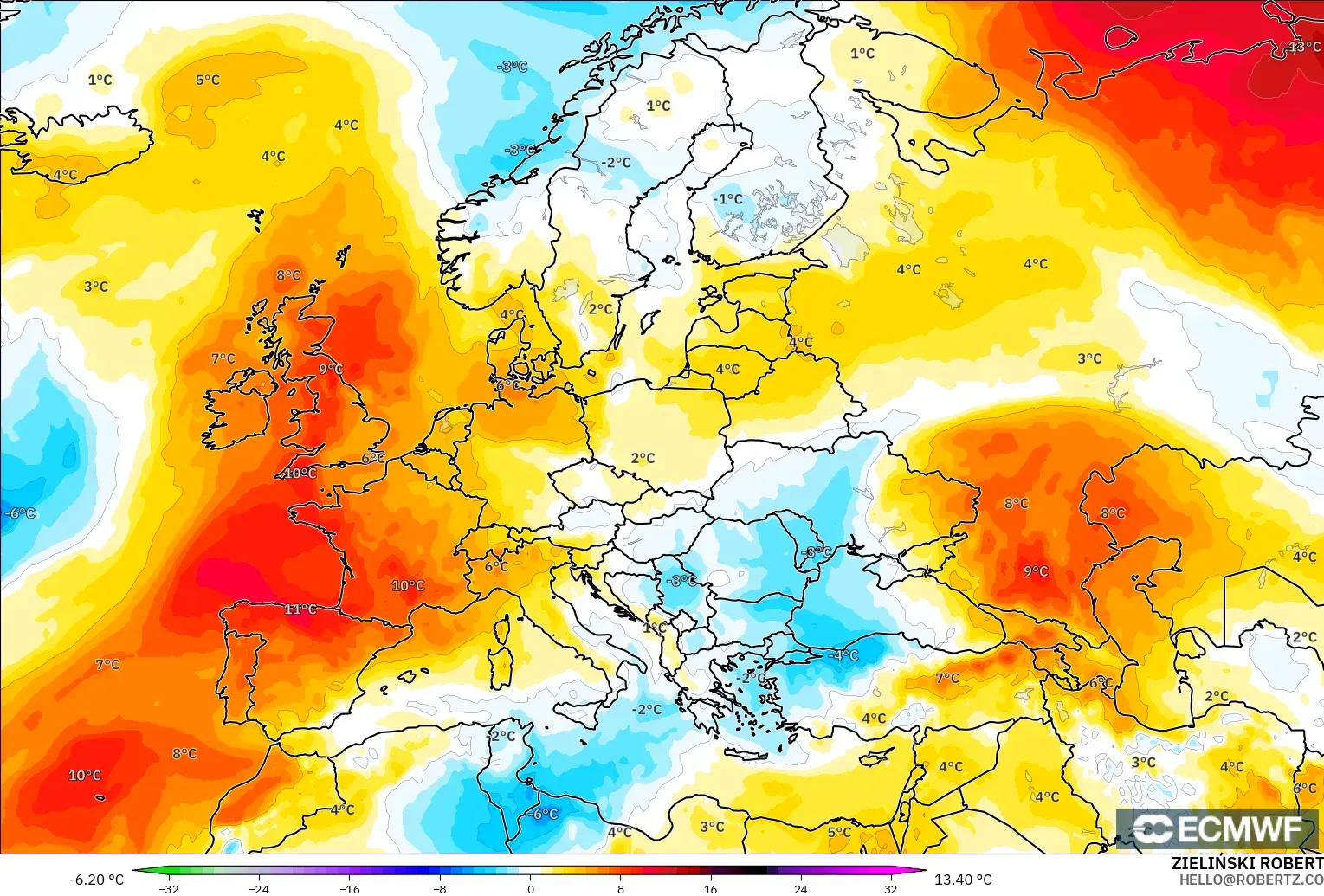ECMWF IFS 0.25° model - Avrupa, 850 hPa Sıcaklık Anomalisi