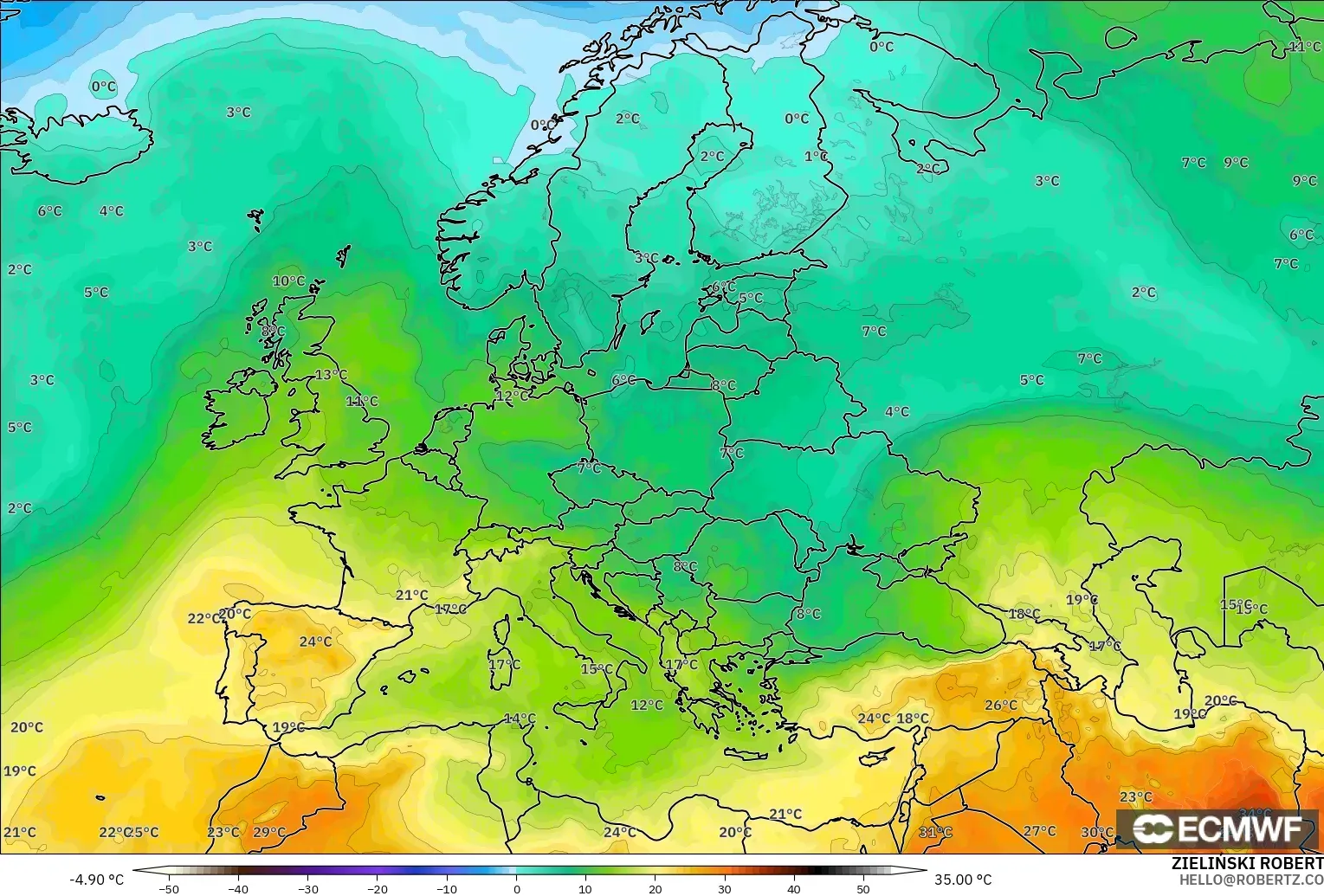 ECMWF IFS 0.25° model - Avrupa, 850 hPa Sıcaklık