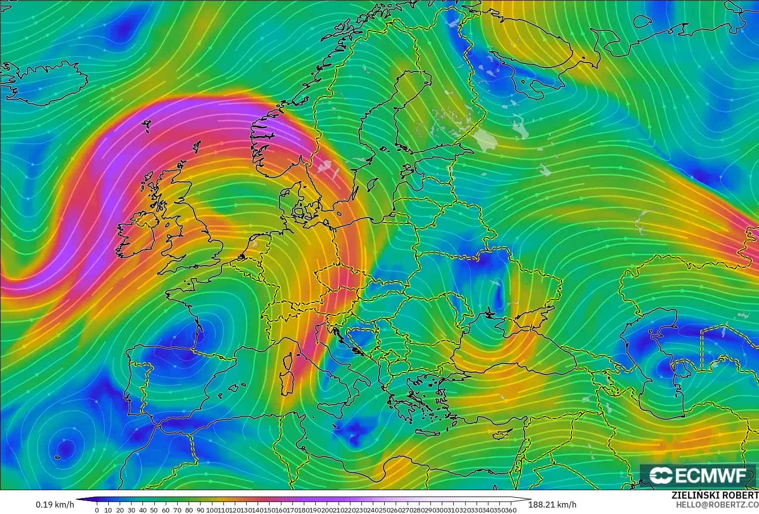 ECMWF IFS 0.25° model - Avrupa, 300 hPa Rüzgârı (jet)
