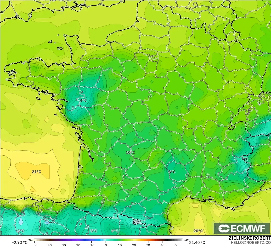ECMWF IFS 0.25° model - Fransa, 2 m Çiy Noktası