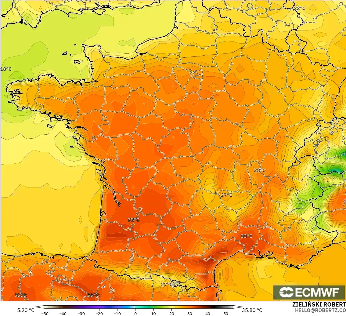 ECMWF IFS 0.25° model - Fransa, 2 m Sıcaklık