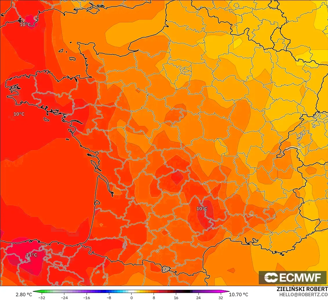 ECMWF IFS 0.25° model - Fransa, 850 hPa Sıcaklık Anomalisi