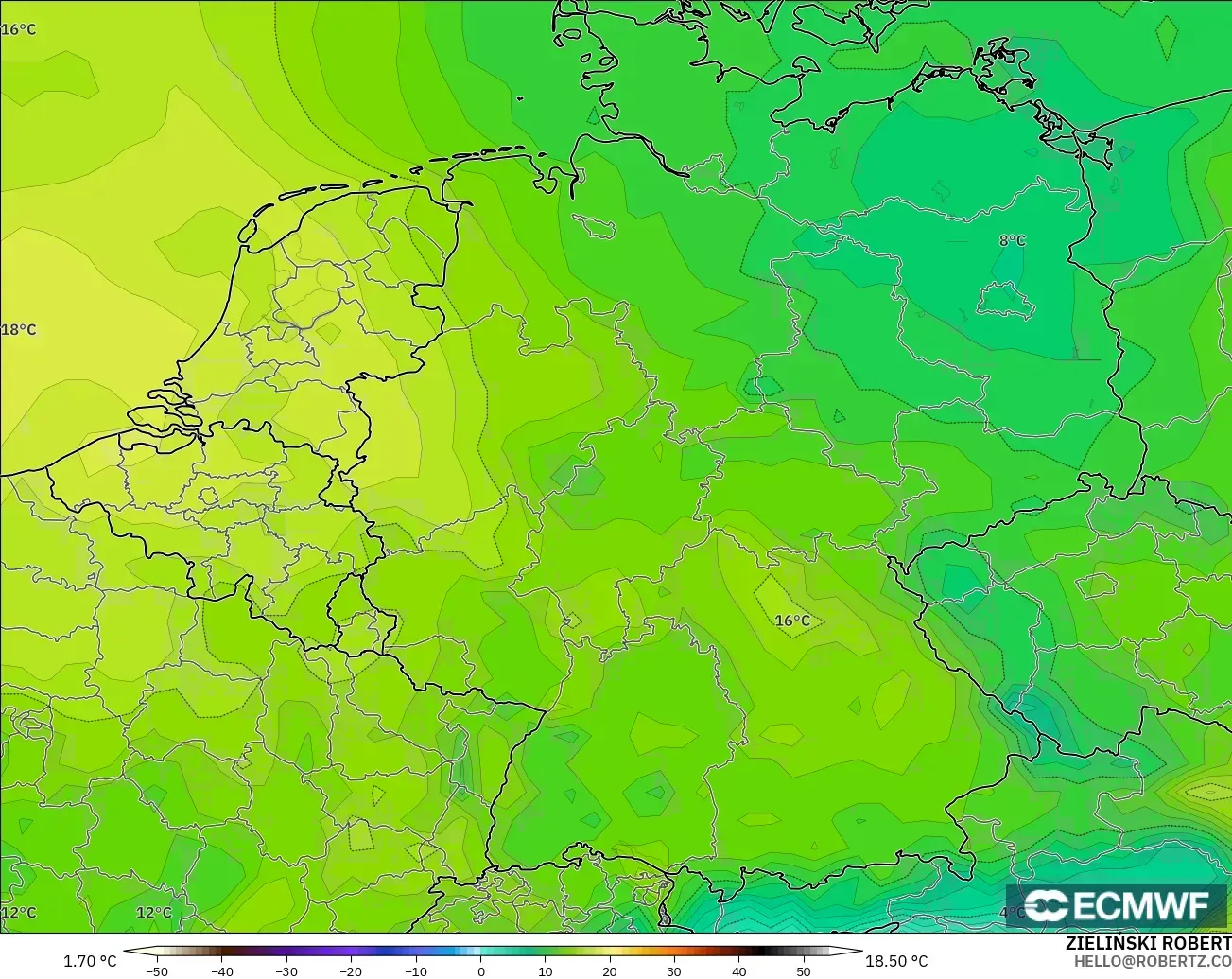 ECMWF IFS 0.25° model - Almanya, 2 m Çiy Noktası