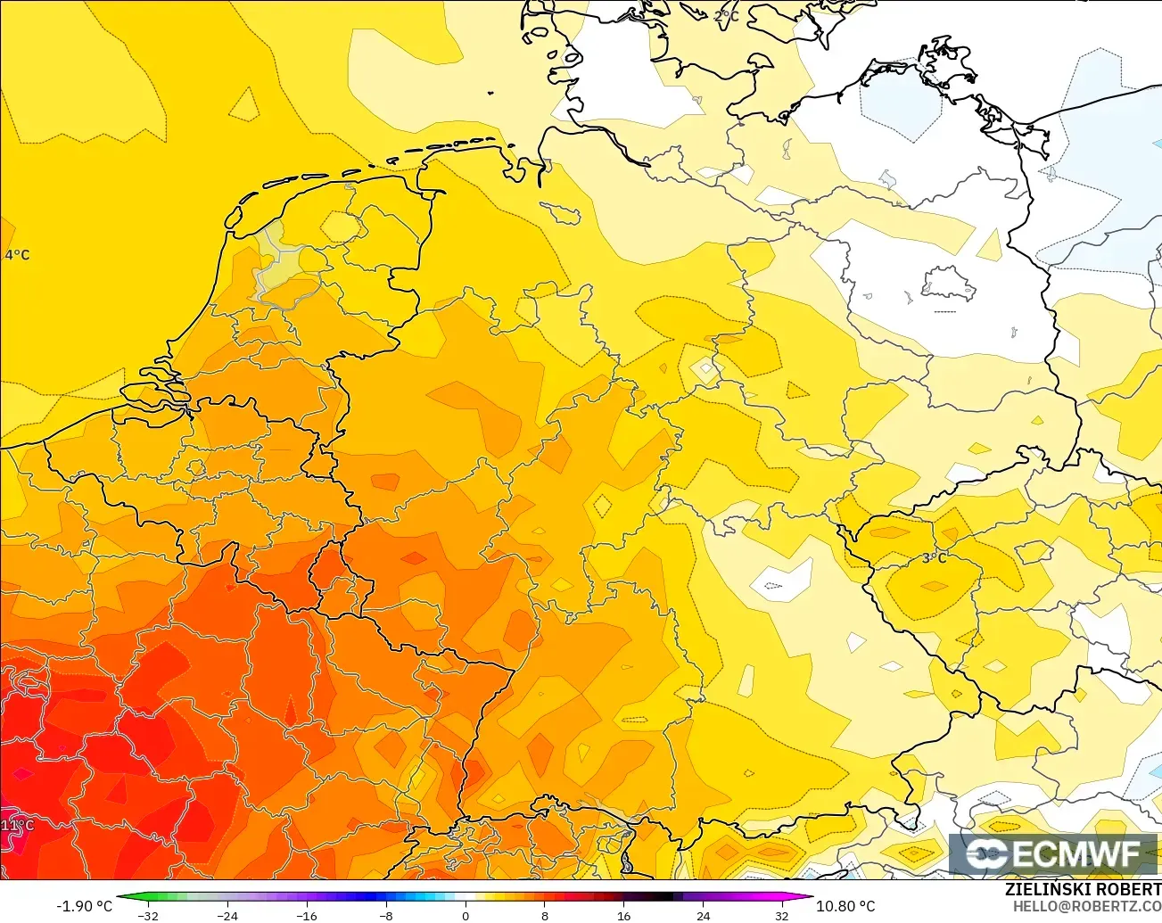 ECMWF IFS 0.25° model - Almanya, 2 m Sıcaklık Anomalisi