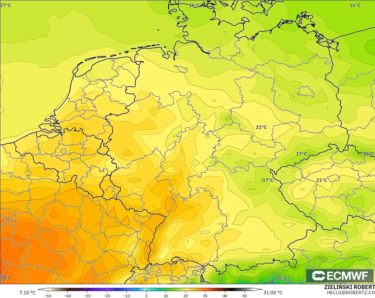 ECMWF IFS 0.25° model - Almanya, 2 m Sıcaklık