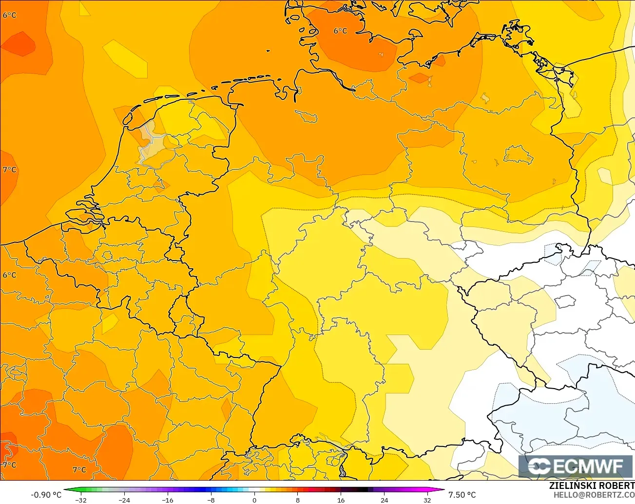 ECMWF IFS 0.25° model - Almanya, 850 hPa Sıcaklık Anomalisi