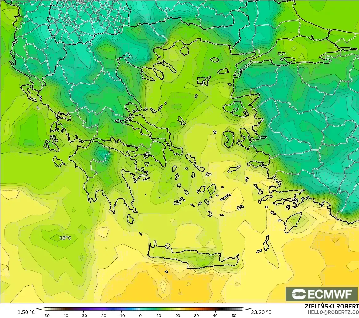 ECMWF IFS 0.25° model - Yunanistan, 2 m Çiy Noktası