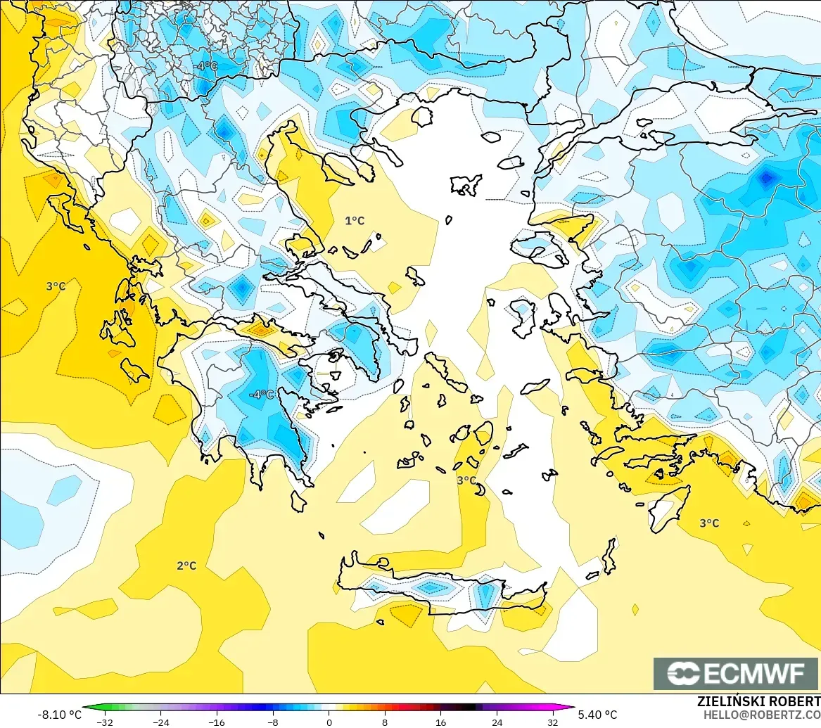 ECMWF IFS 0.25° model - Yunanistan, 2 m Sıcaklık Anomalisi