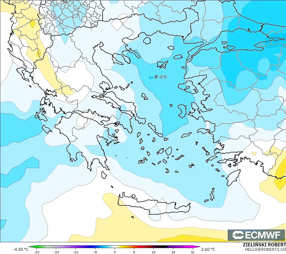 ECMWF IFS 0.25° model - Yunanistan, 850 hPa Sıcaklık Anomalisi