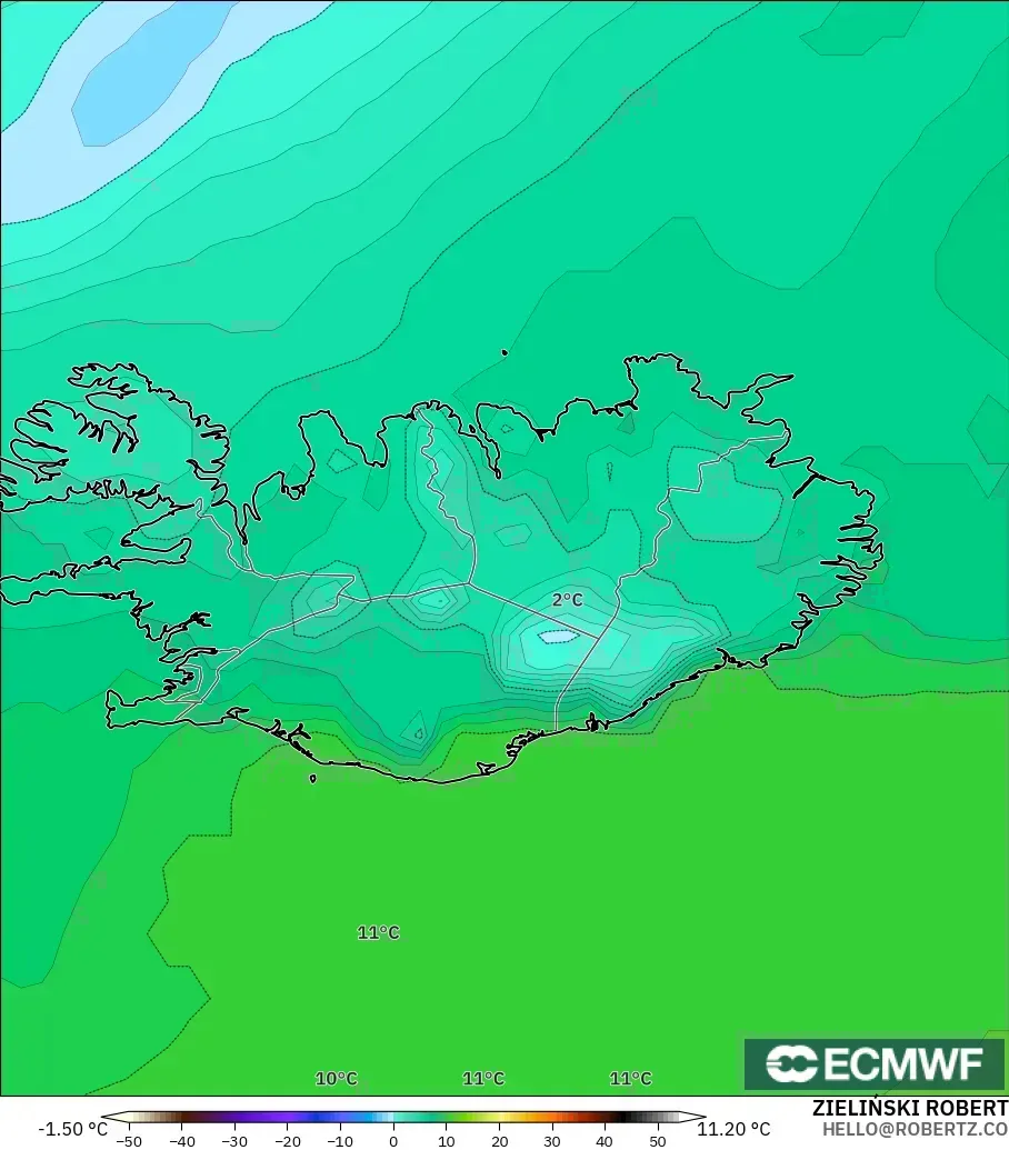 ECMWF IFS 0.25° model - İzlanda, 2 m Çiy Noktası